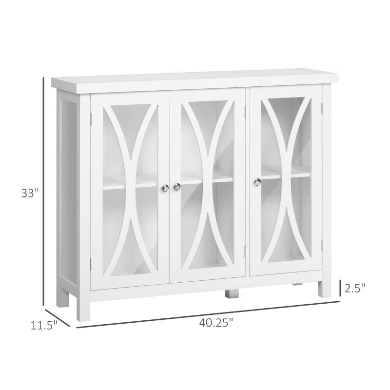 HOMCOM Sideboard, Buffet Cabinet with 3 Tempered Glass Doors, Arc Pattern and Adjustable Storage Shelf, Credenza, White