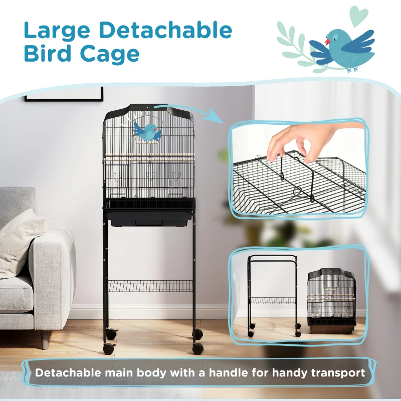 PawHut 49" Rolling Bird Cage Cockatoo House Play Top Finch Pet Supply with Storage Shelf, Wheels - Black