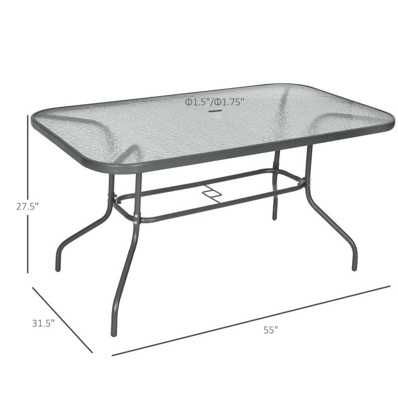 Outsunny Metal Garden Dining Table with Umbrella Hole, Outdoor Patio Table with Tempered Glass Top, 55" x 31.5"