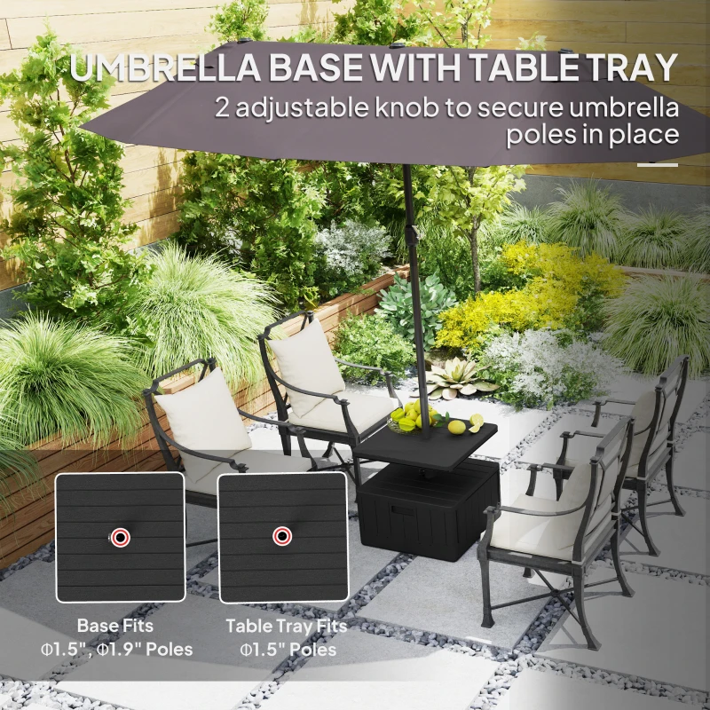 Outsunny 3-in-1 Outdoor Umbrella Base with Table Tray, Coffee End Table, Planter Box with Drain Hole, 175 lbs. Capacity Heavy Duty Fillable Patio Umbrella Stand Table with Wheels and Handles, Black