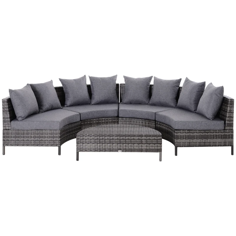 Outsunny 5PC Patio Furniture Set Outdoor Garden Rattan Wicker Sofa Cushioned Half-Moon Seat Deck with Pillow, Table, Grey