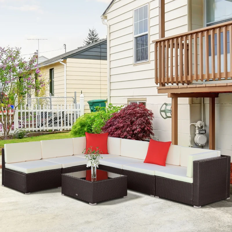 Outsunny 7 Piece Outdoor Patio Furniture Set, PE Rattan Wicker Sectional Sofa Set with Couch Cushions, Throw Pillows and Coffee Table, Orange, Cream