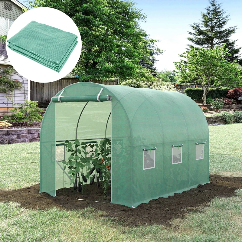 Outsunny 9.8' x 6.6' x 6.6' Plastic Greenhouse Cover Replacement, Heavy Duty Waterproof Tarp for Hoop House, Sheeting with 6 Windows, Door & Reinforcement Grid, Green(m-11)