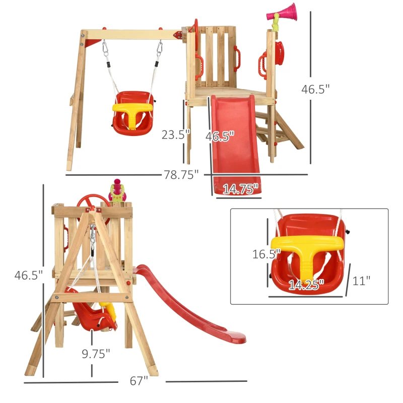 Outsunny 4-in-1 Wooden Swing Set with Swing, Slide, Horn, Steering Wheel, Red