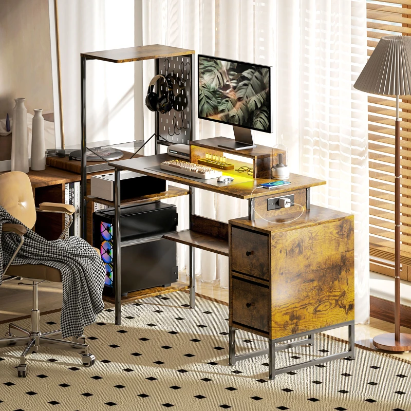 HOMCOM 56" Computer Desk with Storage, Computer Table with Power Outlets and LED Lights, Rustic Brown