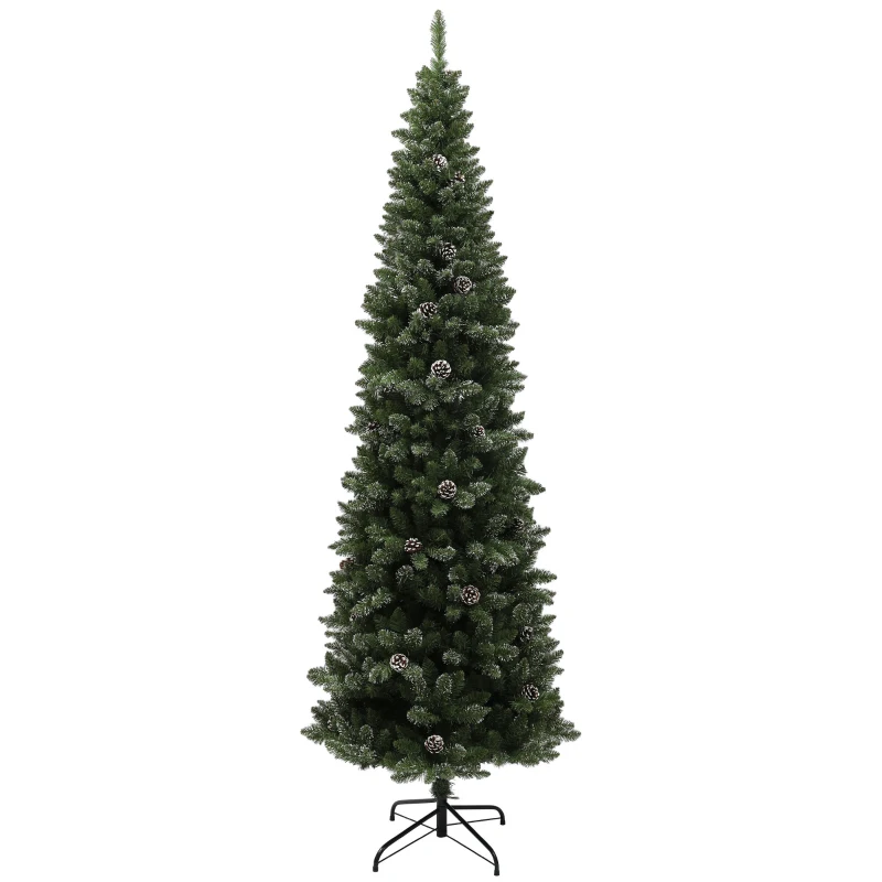 HOMCOM 7.5ft Artificial Pencil Christmas Tree with 980 Branches, Pinecones, Metal Stand, Realistic Xmas Tree for Home