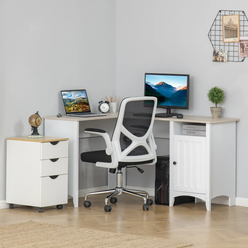 HOMCOM L-Shaped Computer Desk with Open Shelf and Storage Cabinet, Corner Writing Desk with Adjustable Shelf, White