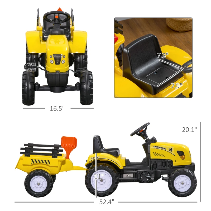Aosom Kids Ride on Tractor with Back Trailer, Shovel & Rake, Horn, Pedal Go Kart for 3 Years Old, Yellow(m-3)