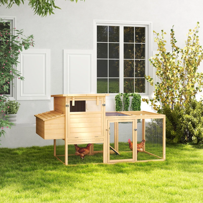 PawHut 75" Wooden Chicken Coop with Nesting Box, Removable Tray, Ramp Run, for Garden Backyard, Natural Wood