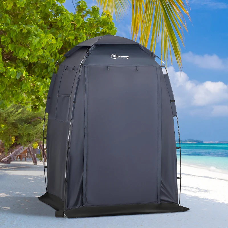 Outsunny 60" x 60" x 82" Shower Tent Extra Wide Changing Room Privacy Portable Camping Shelters with Windows & Floor Mat, Dark Blue