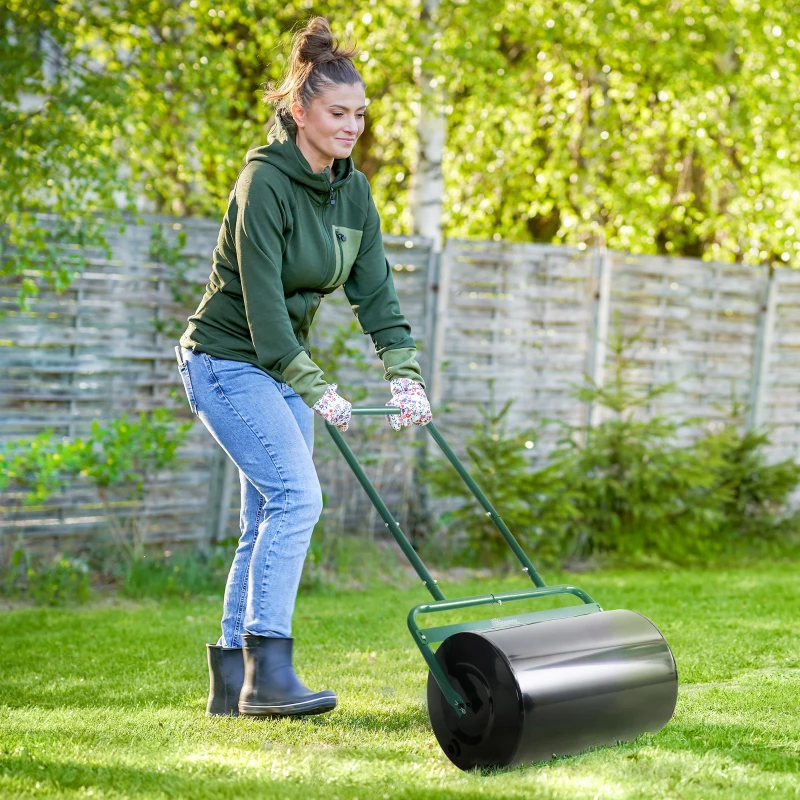 Outsunny Heavy Duty Lawn Roller, 20" Push/Tow Behind Sod Roller, Grass Flattener Filled with 11gal Water/136lbs Sand, Green