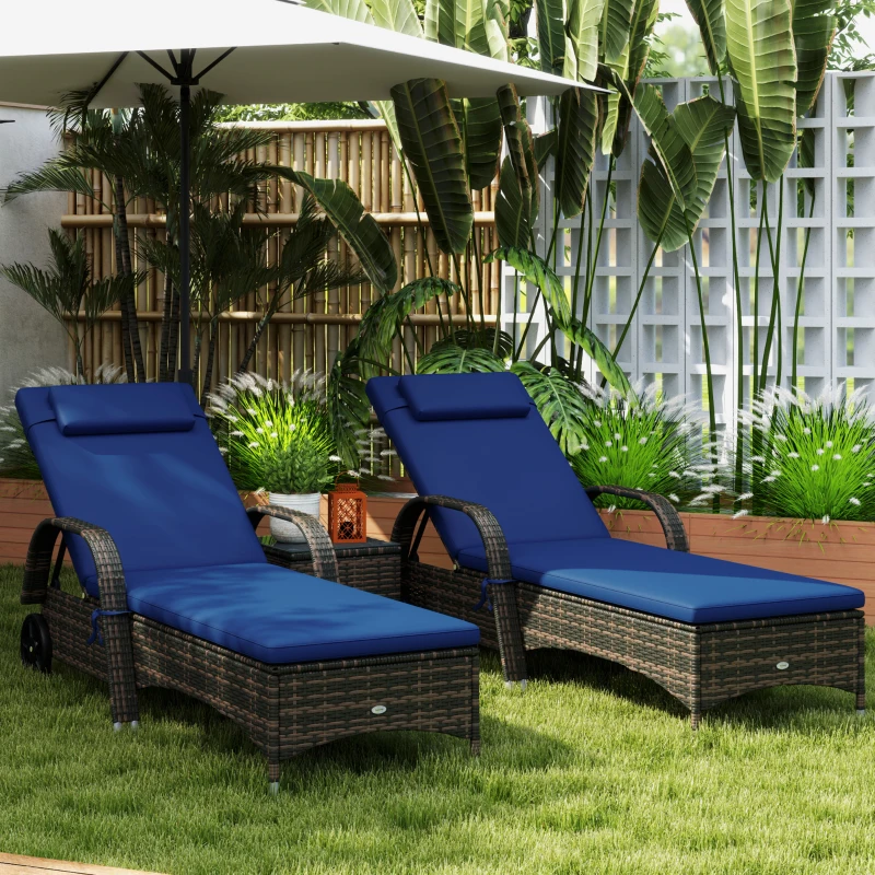 Outsunny Patio Wicker Chaise Lounge Chair Set of 2 with Table, Adjustable Backrest, Wheels, Cushion & Headrest, Dark Blue