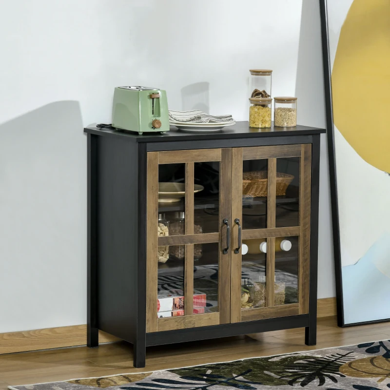 HOMCOM Sideboard Buffet Cabinet, Glass Door Kitchen Cabinet with Storage, Accent Entryway Cabinet with Adjustable Shelf for Living Room, Black Wood Grain
