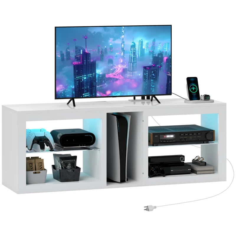 HOMCOM TV Stand Center for 55" with LED Lights and Power Outlets TV Television Cabinet with Adjustable Shelves High Gloss White