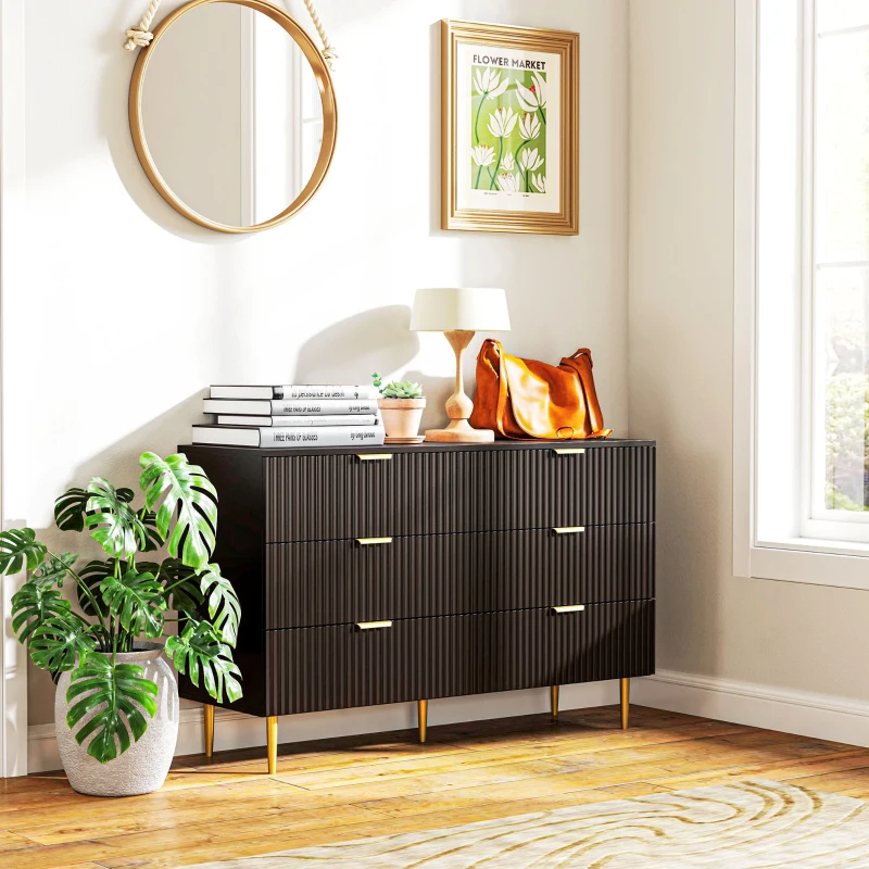 HOMCOM Modern Chest of Drawers 6 Drawer Dresser for Bedroom with Gold Legs and Handles, Black