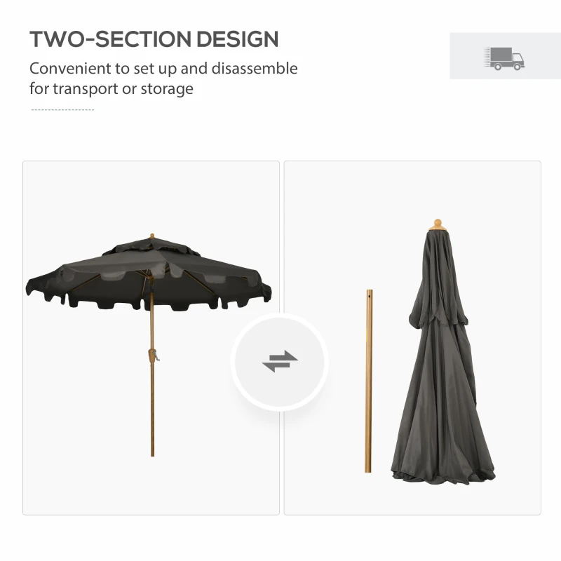 Outsunny 9' Patio Umbrella with Push Button Tilt and Crank, Double Top Ruffled Outdoor Market Table Umbrella with 8 Ribs, for Garden, Deck, Pool, Gray