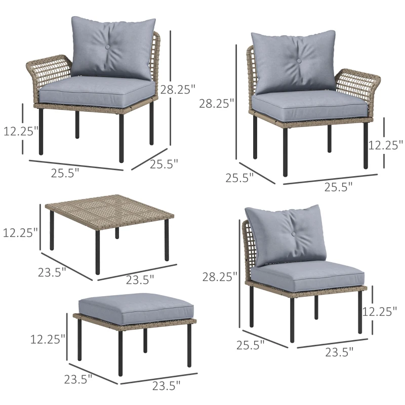 Outsunny 5-Piece Rattan Patio Furniture Set with Sofa, Chaise Lounge, Coffee Table, Footstools, Cushions, Light Gray
