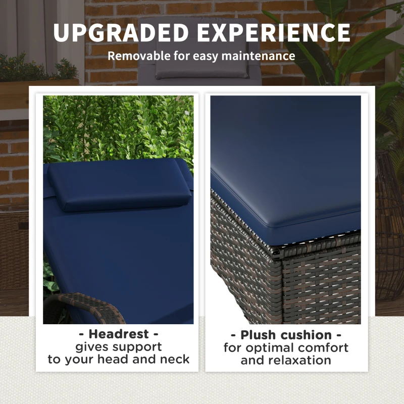 Outsunny 2 Reclining Chaise Lounge Chairs, Rolling Outdoor Chairs with Cushion, Pillow, Headrest, Armrests, and Wheels, Dark Blue