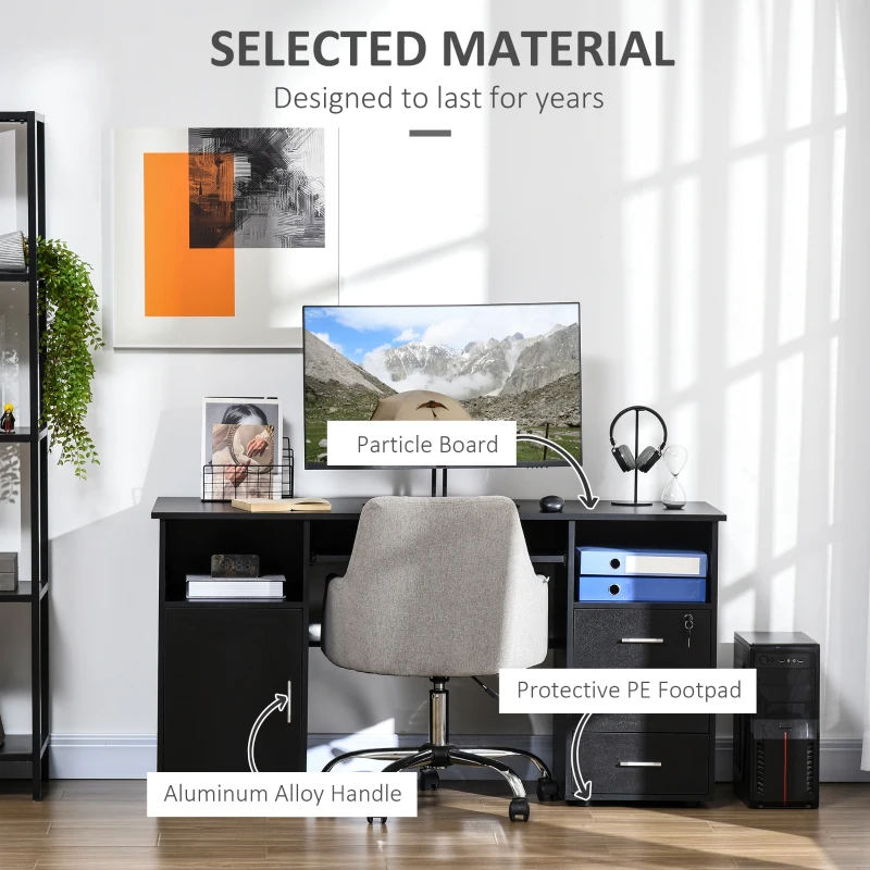 HOMCOM 57" Computer Desk with Drawers, Home Office Desk with Keyboard Tray, Open Shelves and Lockable Drawer, Writing Workstation for Study, Black