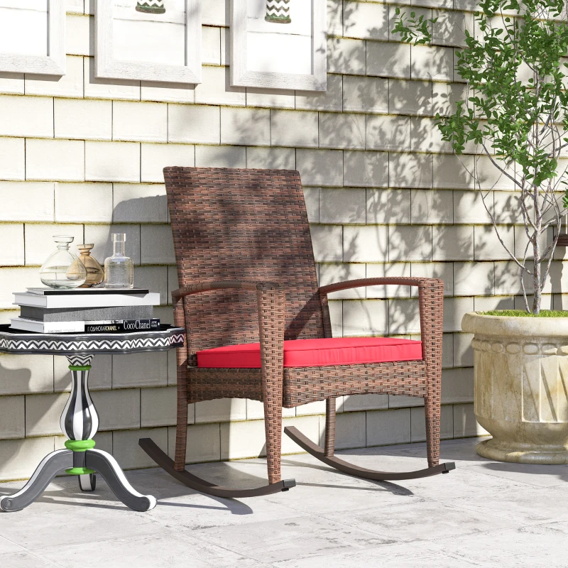 Outsunny Outdoor PE Rattan Rocking Chair, Garden Glider Rocking Chair, Wicker Patio Chair Set with Armrest and Cushion, Wine Red