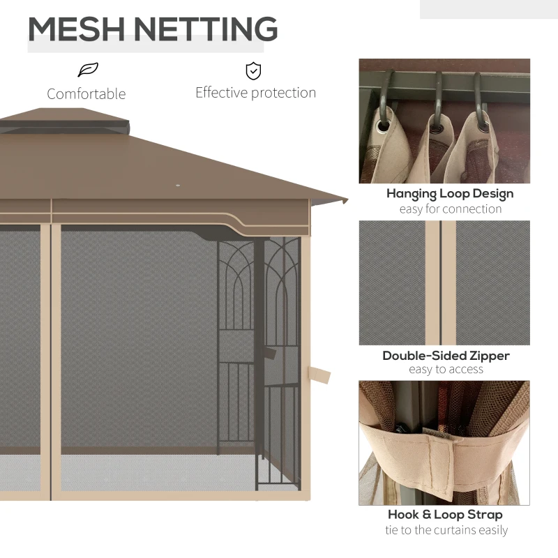 Outsunny 10' x 12' Patio Gazebo, Double Roof Outdoor Canopy Shelter with Corner Frame and Mesh Netting for Garden, Lawn, Backyard and Deck, Brown