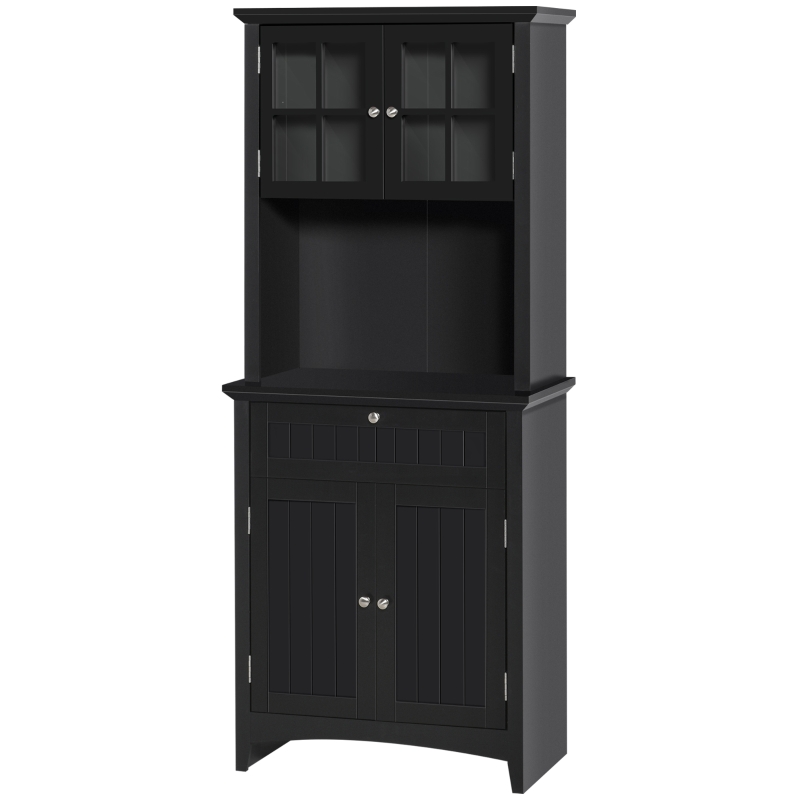 HOMCOM 64.6" Tall Kitchen Pantry Storage Cabinet with Microwave Stand, Freestanding Buffet Cabinet with Hutch, Glass Doors, Drawer and Adjustable Shelves, Black