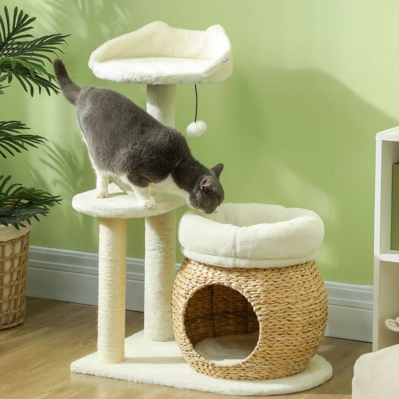 PawHut 31" Cat Tree Tower with Scratching Posts, Cat Condo, Beds, Platform and Toy Ball for Indoor Cats, Cream White