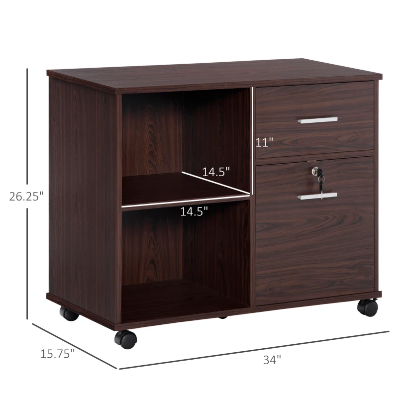 Vinsetto Lateral File Cabinet with Wheels, Mobile Printer Stand with Open Shelves and Drawers for A4 Size Documents, Walnut