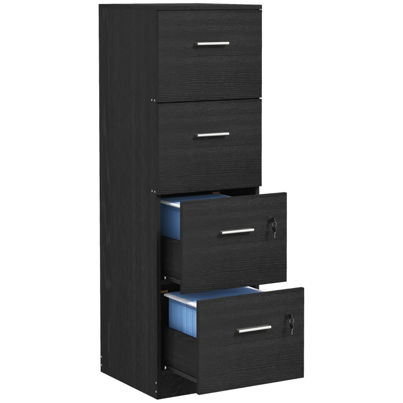 HOMCOM Vertical Filing Cabinet with Lock, 4 Drawer File Cabinet with Adjustable Hanging Bar for A4 and Letter Size, Black