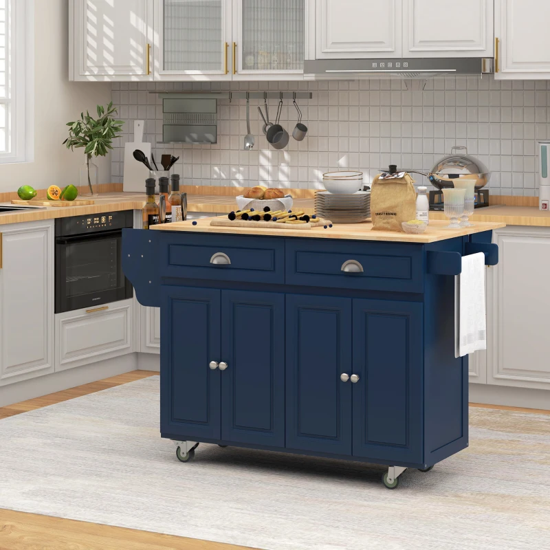 HOMCOM Kitchen Island with Storage, Rolling Kitchen Island with Drop Leaf, Rubber Wood Top and Adjustable Shelves, Navy Blue