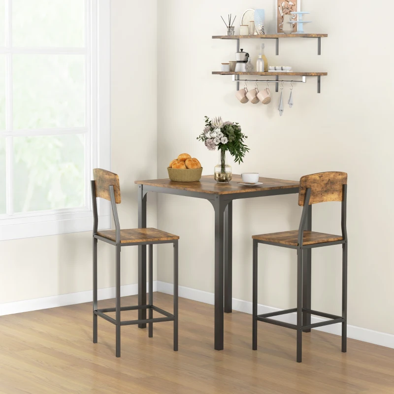 HOMCOM 3 Piece Pub Table and Chairs, Small Kitchen Table and Chairs, Square Dining Table with 2 Stools, Rustic Brown and Black