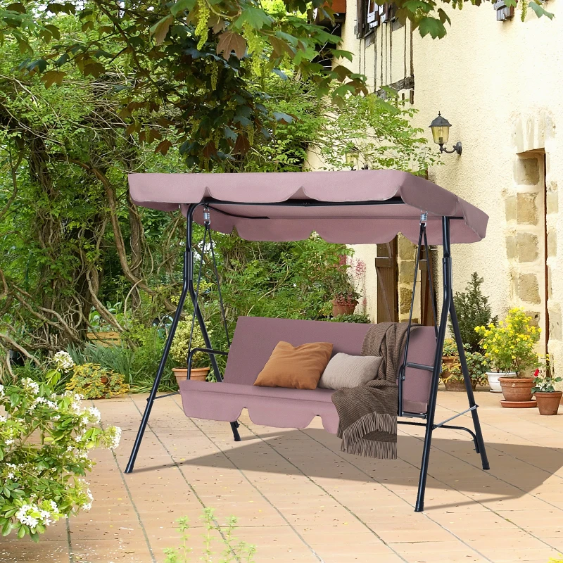 Outsunny 3-Seat Outdoor Patio Swing Chair with Removable Cushion, Steel Frame Stand and Adjustable Tilt Canopy for Patio, Garden, Poolside, Balcony, Backyard, Brown