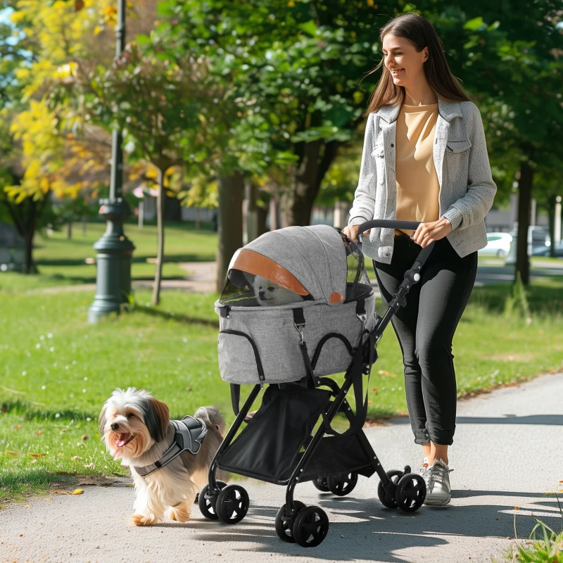 PawHut 2 in1 Foldable Pet Stroller and Detachable Travel Carriage with Lockable Wheels, Adjustable Handlebar Canopy and Zippered Mesh Window Grey