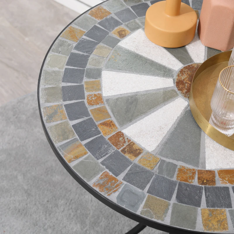 Outsunny Mosaic Patio Table 24 Inch Outdoor Round Side Table Plant Stand for Garden, Yard, Lawn or Indoor, White and Green