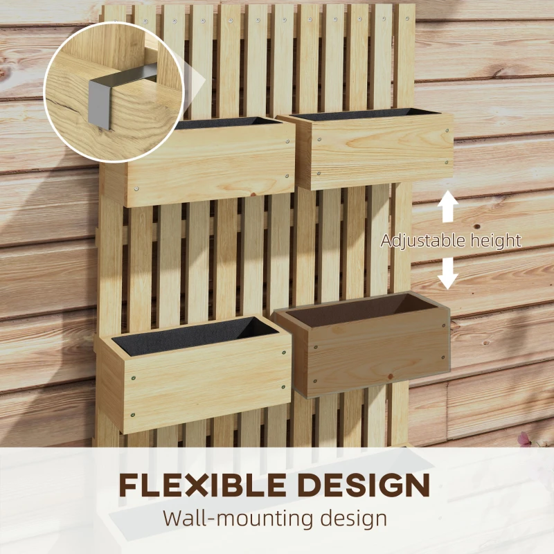 Outsunny 5 Box Raised Garden Bed w/ Trellis for Climbing Plants, Wall-Mounted Wood Planters w/ Drainage Holes, Natural