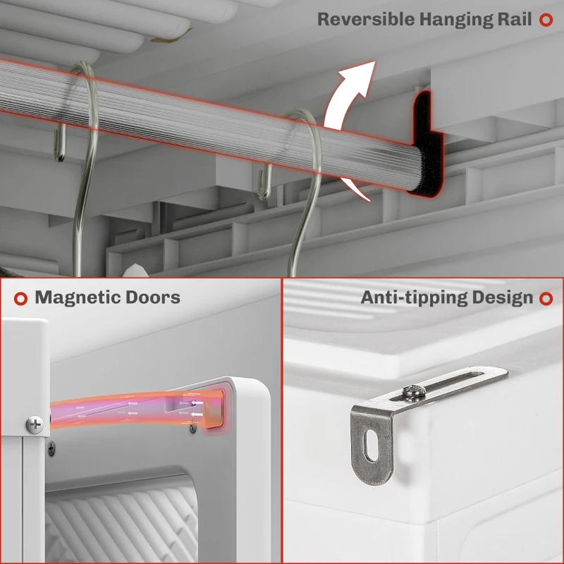 HOMCOM Portable Wardrobe, Foldable Clothes Storage Organizer with 3 Compartments, Hanging Rod, Magnet Doors, White