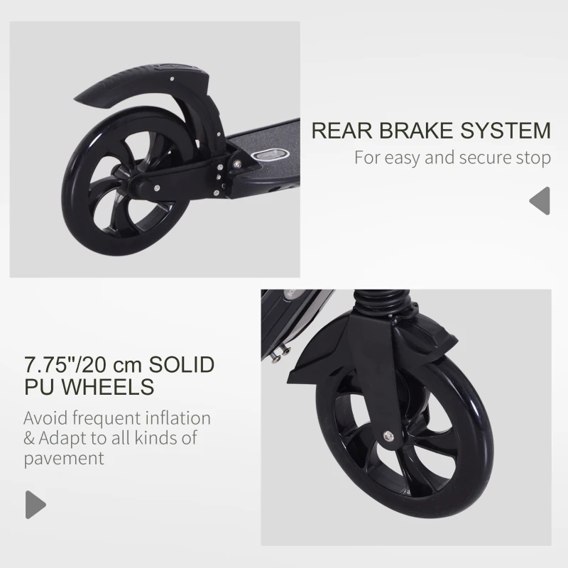 Soozier Foldable Kick Scooter with Adjustable Handlebar, Rear Brake, Dual Shock-Absorbing and Large Solid PU Tires Aluminum Frame for 14 Years Old and Up Teens Adult, Black