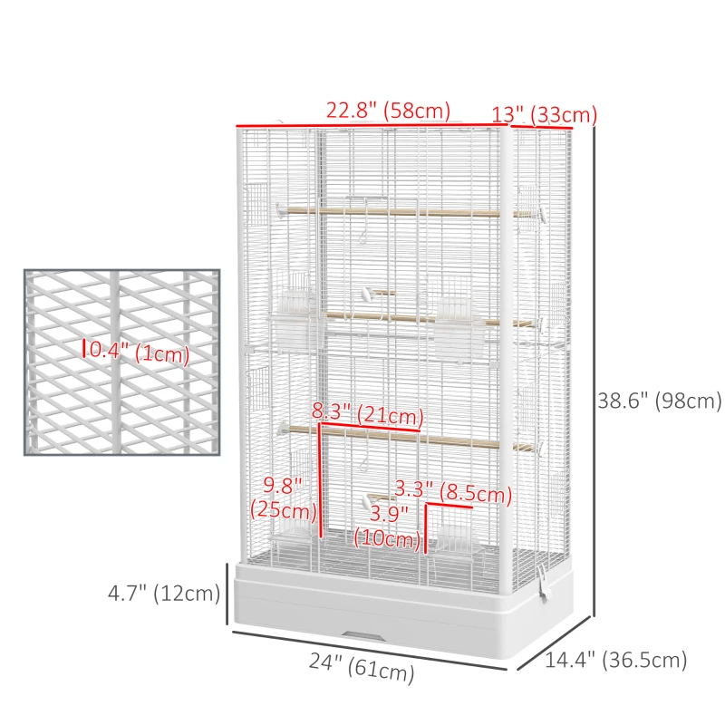 PawHut 39" Bird Cage for Budgie Finches Canaries Love Birds with Wooden Stands, Slide-Out Tray, Handles, Food Containers, White
