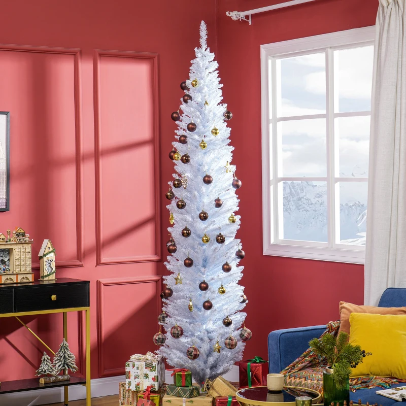 HOMCOM 8ft Unlit Pencil Artificial Christmas Tree with Realistic Branches and 618 Tips, Plastic Base, White