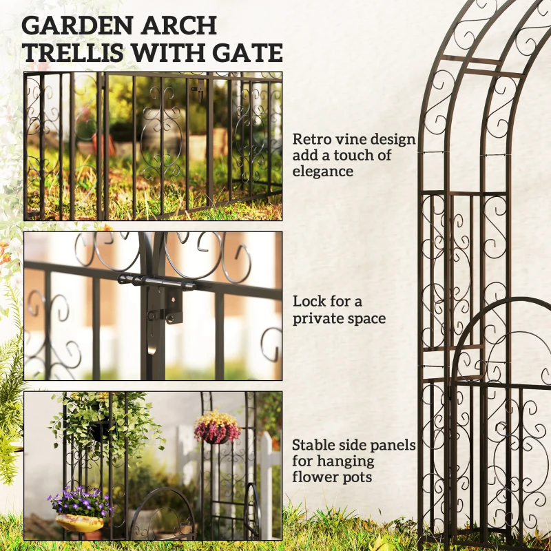 Outsunny 7.4ft Steel Garden Arch with Gate, Garden Arbor Trellis for Climbing Plants, Roses, Vines, Wedding Arch for Outdoor, Garden, Lawn, Backyard, Black