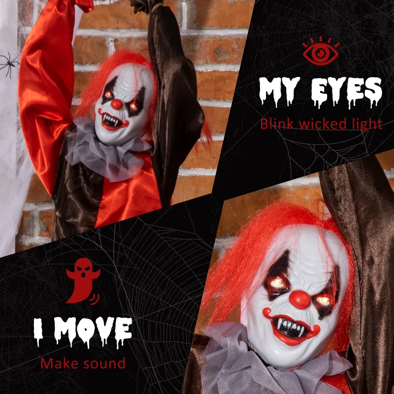 Outsunny 36" Outdoor Halloween Decorations Hanging Clown, Sound and Motion Activated Animated Prop, Animatronic Décor with Light Up Eyes, Circus Music
