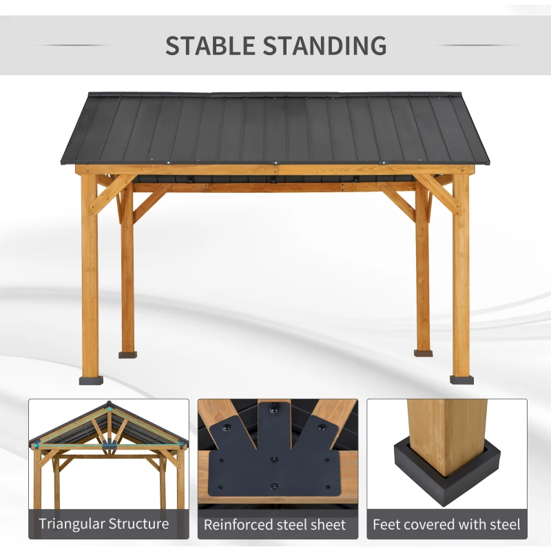 Outsunny 11' x 13' Hardtop Gazebo with Galvanized Steel Roof, Wooden Frame, Permanent Pavilion Outdoor Gazebo with Ceiling Hook for Garden, Patio, Backyard, Lawn(m-6)