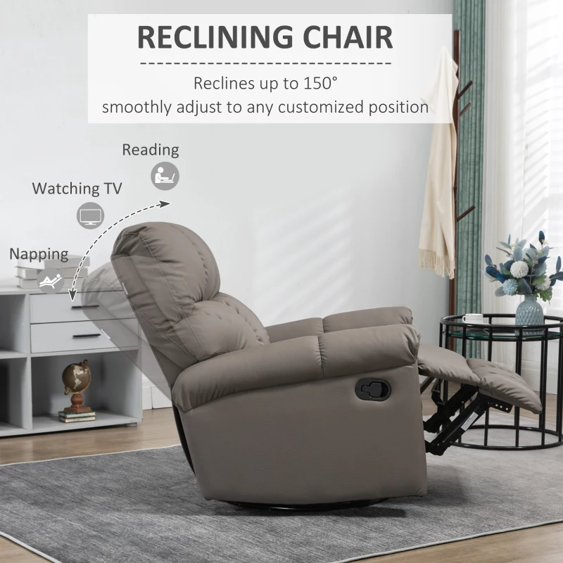HOMCOM Rocker Recliner Chair with Overstuffed Back and Seat, Faux Leather Manual Reclining Chair with Footrest and 360 Swivel Rotation Base for Living Room, Brown