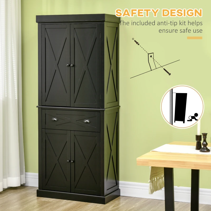 HOMCOM 72.5" Kitchen Pantry Cabinet, Freestanding Storage Cabinet with 4 Doors, Drawer and Adjustable Shelves, Black