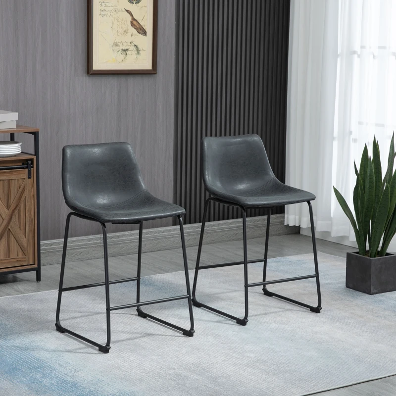 HOMCOM Counter Height Bar Stools, Vintage PU Leather Barstools with Footrest for Dining Room, Home Bar, Kitchen, Set of 2, Black