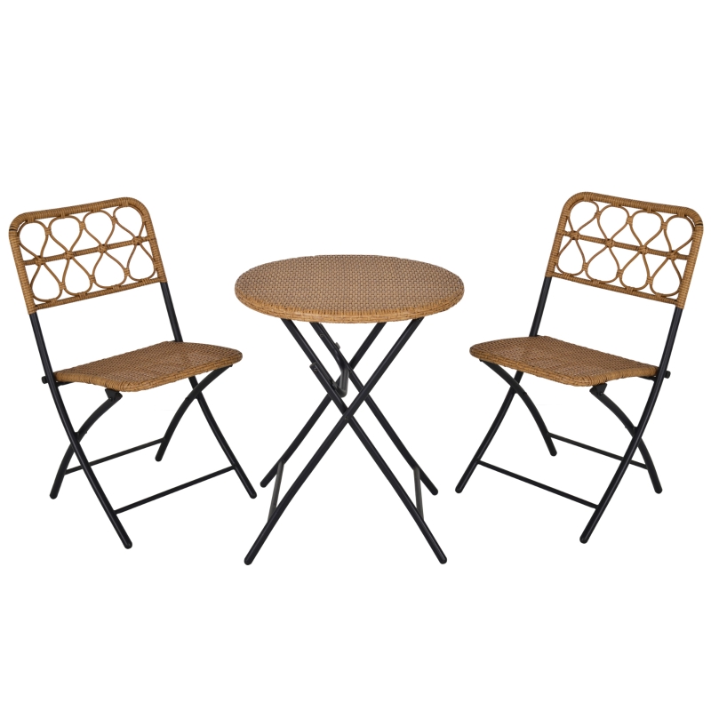 Outsunny 3PC Rattan Wicker Bistro Set w/ Folding Design, Hand Woven Rattan Table and Chairs for Outdoor, Natural