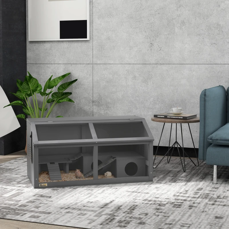 PawHut Rat Cage, Hamster Cage Wooden with Suspension Bridge, Ladders, Openable Top, Hut, Platform, for Gerbils Mice, Dark Grey