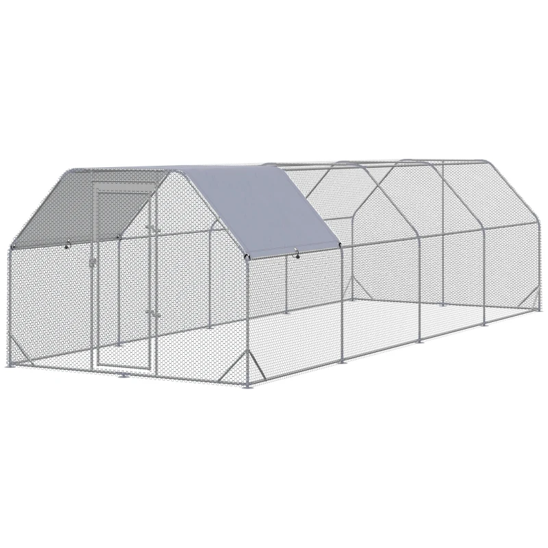 PawHut Chicken Run, Galvanized Large Metal Chicken Coop Cage, Walk-in Enclosure Poultry Hen Run House Playpen Rabbit Hutch with Flat Roof, Cover, 9.2' x 24.9' x 6.5', Silver