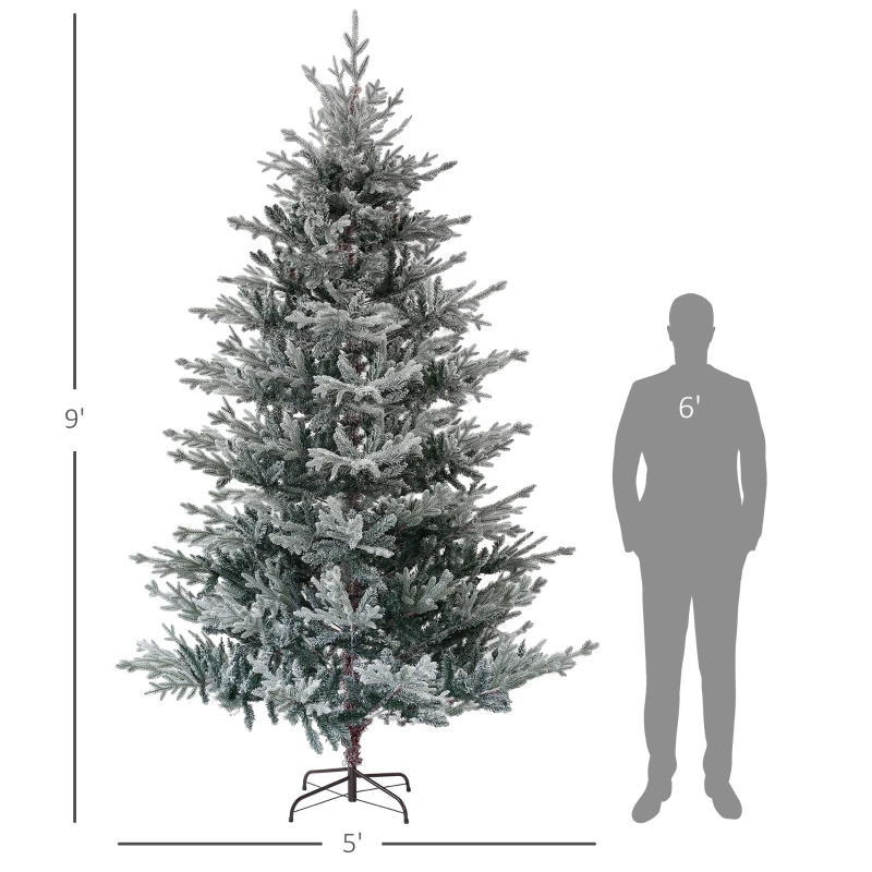 HOMCOM 9 Foot Artificial Nordic Pine Christmas Tree with Snow, Easy Assembly, Hinged Xmas Tree for Home Office Holiday
