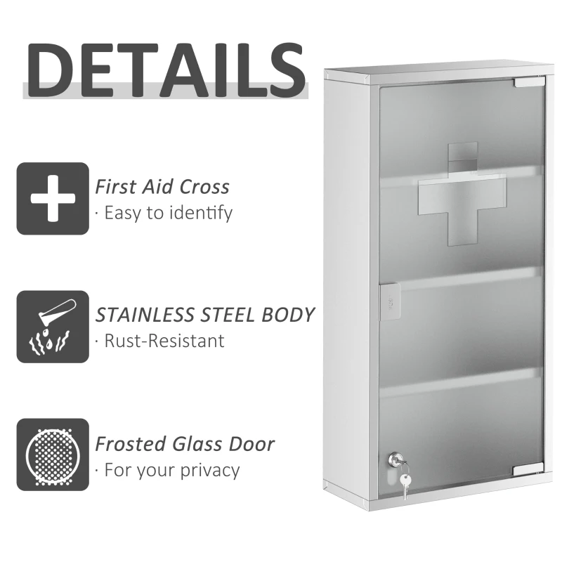HOMCOM Wall Mount Medicine Cabinet, Bathroom Cabinet with 4 Tier Shelves, Stainless Steel Frame and Glass Door, Lockable with 2 Keys, Silver, 12" x 23.5"